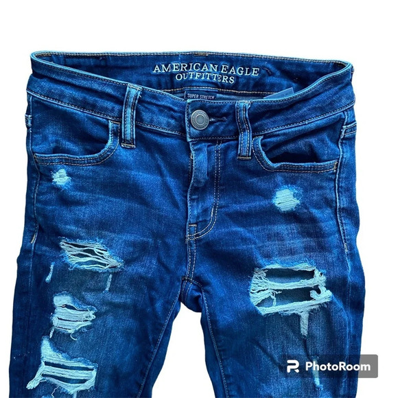 AMERICAN Eagle Dark Wash Jegging Crop Mid Rise Skinny distressed Jeans  Size 0 - Picture 3 of 12